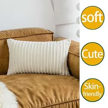 UGASA Velvet 12x20 Inch Lumbar Throw Pillow Cover, Both Sides Corduroy Striped, Soft Solid Decorative Rectangular Cushion Case for Couch/Bedroom/Car, 1 Piece, Cream