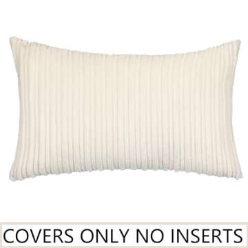 UGASA Velvet 12x20 Inch Lumbar Throw Pillow Cover, Both Sides Corduroy Striped, Soft Solid Decorative Rectangular Cushion Case for Couch/Bedroom/Car, 1 Piece, Cream