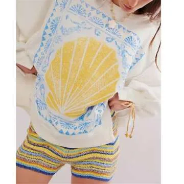 Asadovce Women Oversized Graphic Sweatshirt Y2k Long Sleeve Vintage Crewneck Shirt Top Drop Shoulder Sweater Pullover Shell White