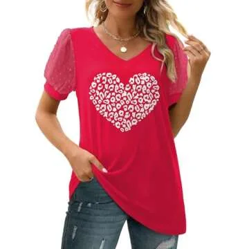 Aokosor Valentines Shirts Women Short Sleeve Tops Fashion Leopard Hearts Print M