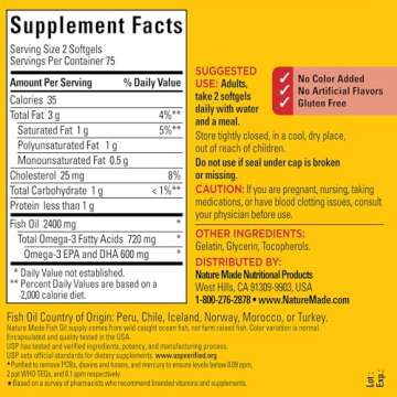 Nature Made Fish Oil 1200 mg Softgels, Fish Oil Supplements, Omega 3 Fish Oil for Healthy Heart Support, Omega 3 Supplement with 150 Softgels, 75 Day Supply