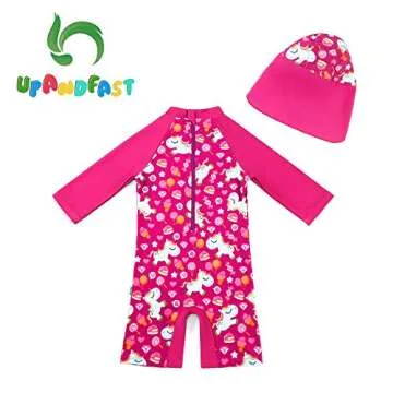 upandfast Baby/Toddler Girl One Piece Zip Sunsuits With Sun Hat UPF 50+ Sun Protection Infant Beach ...