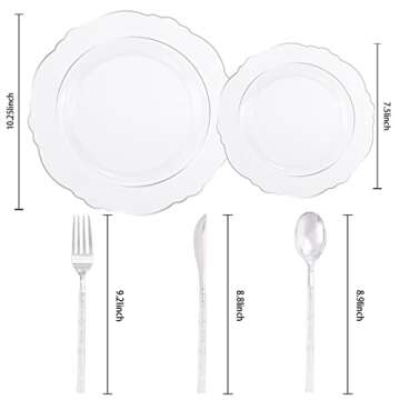 Liacere 150PCS Clear Silver Plastic Plates & Disposable Silver Plastic Silverware with Glitter Bambo...