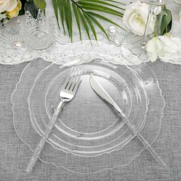 Liacere 150PCS Clear Silver Plastic Plates & Disposable Silver Plastic Silverware with Glitter Bamboo Handle Cutlery-Baroque Clear Silver Disposable Plates for Wedding & Party & Christmas
