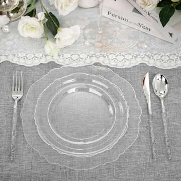 Liacere 150PCS Clear Silver Plastic Plates & Disposable Silver Plastic Silverware with Glitter Bamboo Handle Cutlery-Baroque Clear Silver Disposable Plates for Wedding & Party & Christmas