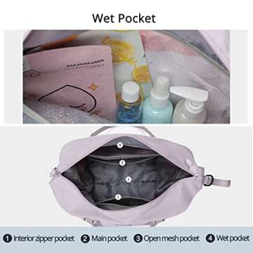 Travel Gym Bag for Women, LANBX Tote Bag Carry on Luggage Sport Duffle Weekender Overnight Bags with Wet Pocket (Light Purple)