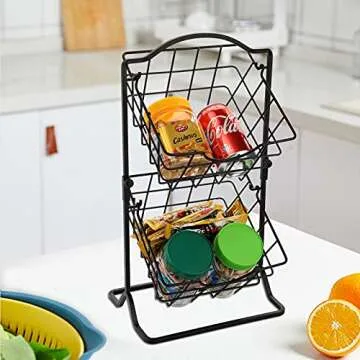 Jucoan 2-Tier Metal Wire Hanging Baskets, Kitchen Countertop Fruit Vegetable Storage Basket Organizer for Produce Snack Canned Foods, Black