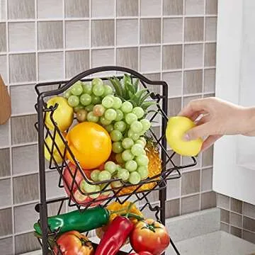 Jucoan 2-Tier Metal Wire Hanging Baskets, Kitchen Countertop Fruit Vegetable Storage Basket Organizer for Produce Snack Canned Foods, Black