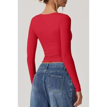 QINSEN Long Sleeve V Neck T Shirts for Women Double Lined Tee Sexy Seamed Cup Going Out Tops Red S