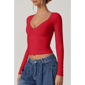 QINSEN Long Sleeve V Neck T Shirts for Women Double Lined Tee Sexy Seamed Cup Going Out Tops Red S