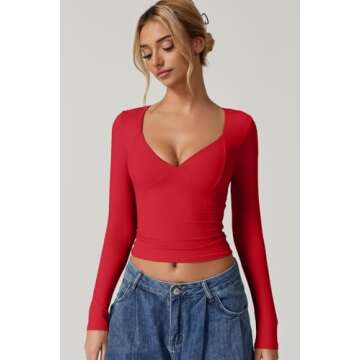 QINSEN Long Sleeve V Neck T Shirts for Women Double Lined Tee Sexy Seamed Cup Going Out Tops Red S