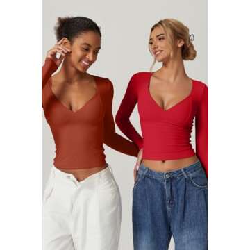 QINSEN Long Sleeve V Neck T Shirts for Women Double Lined Tee Sexy Seamed Cup Going Out Tops Red S