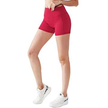 CADMUS Women's High Waist Yoga Shorts Spandex Running Side Pockets, 16#, Red & Grey & Black,X-Small