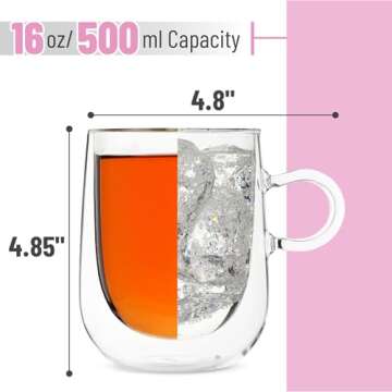 BTaT- Double Wall Glass Coffee Mugs, 16 oz (500ml), Set of 4, Double Glass Coffee Cups, Double Wall Coffee Mugs, Double Insulated Coffee Mugs, Clear Latte Mugs, Glass Coffee Mug, Clear Mugs