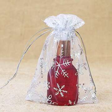 Stratalife 4X6 Bags Xmas Organza Bags Drawstring Bags Snowflake Jewelry Pouches Favor Bags Small Jewelry Bags 100Pcs (Snowflake 4x6)