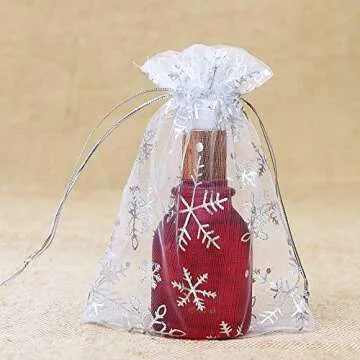 Stratalife 4X6 Bags Xmas Organza Bags Drawstring Bags Snowflake Jewelry Pouches Favor Bags Small Jewelry Bags 100Pcs (Snowflake 4x6)