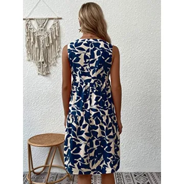 SOLY HUX Women's Summer Boho Print Notched V Neck Sleeveless Ruffle Hem Loose Dress Multi Allover Printed M