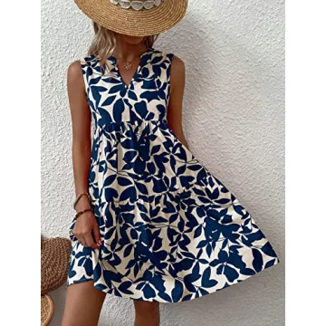 SOLY HUX Women's Summer Boho Print Notched V Neck Sleeveless Ruffle Hem Loose Dress Multi Allover Printed M