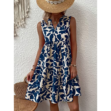 SOLY HUX Women's Summer Boho Print Notched V Neck Sleeveless Ruffle Hem Loose Dress Multi Allover Printed M