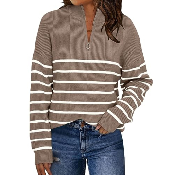LILLUSORY Women's Oversized Quarter Zip Sweater in Nutmeg & White
