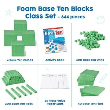 hand2mind Green Foam Base Ten Blocks Complete Set, Place Value Blocks, Counting Cubes, Base 10 Math Manipulatives, Teacher Supplies for Math Classroom, Montessori Math Materials (Set of 644)