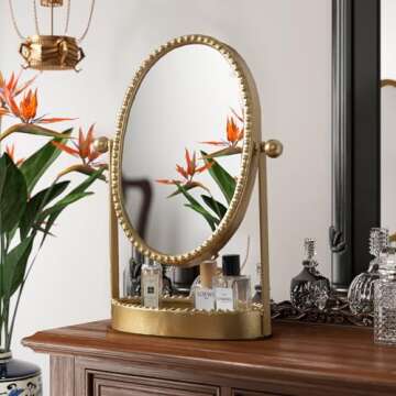 HuiDao Vintage Makeup Mirror, Desk Mirror with Tray, Metal Vanity Mirror with Stand Antique Decorati...
