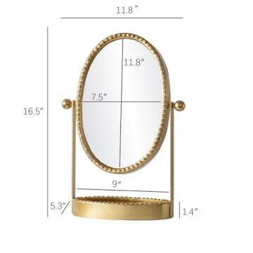 HuiDao Vintage Makeup Mirror, Desk Mirror with Tray, Metal Vanity Mirror with Stand Antique Decorative, 360° Swivel Table Top Mirror for Dresser, Countertop, Bedroom, Bathroom, Living Room, Gold