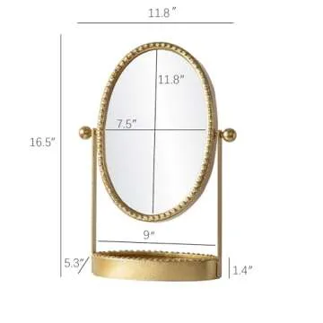HuiDao Vintage Makeup Mirror, Desk Mirror with Tray, Metal Vanity Mirror with Stand Antique Decorative, 360° Swivel Table Top Mirror for Dresser, Countertop, Bedroom, Bathroom, Living Room, Gold