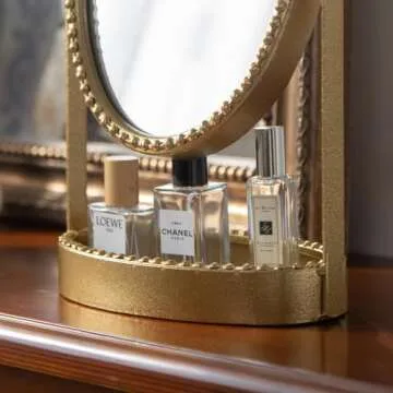 HuiDao Vintage Makeup Mirror, Desk Mirror with Tray, Metal Vanity Mirror with Stand Antique Decorative, 360° Swivel Table Top Mirror for Dresser, Countertop, Bedroom, Bathroom, Living Room, Gold