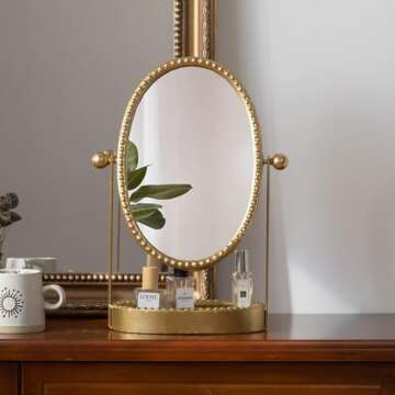 HuiDao Vintage Makeup Mirror, Desk Mirror with Tray, Metal Vanity Mirror with Stand Antique Decorative, 360° Swivel Table Top Mirror for Dresser, Countertop, Bedroom, Bathroom, Living Room, Gold