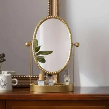 HuiDao Vintage Makeup Mirror, Desk Mirror with Tray, Metal Vanity Mirror with Stand Antique Decorative, 360° Swivel Table Top Mirror for Dresser, Countertop, Bedroom, Bathroom, Living Room, Gold