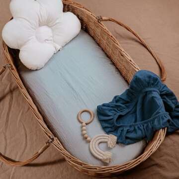 Muslin Bassinet Fitted Sheets, 2 Pack for Baby Boy and Girl, Soft Breathable Stretchy Baby Pad/Mattress Sheet Set, Universal Fit for Hourglass Oval and Rectangle Bassinet Mattress (Bright Colors)