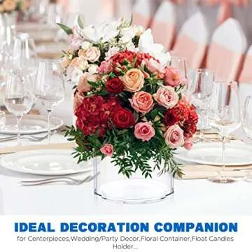 Flower Clear Plastic Vase Centerpiece for Home, Wedding Party, Clear Cylinder Wide Vase for Flowers, Decorative Wide Mouth Vase for Decor, Centerpieces, 6” × 6" Opening Round (Not Glass)