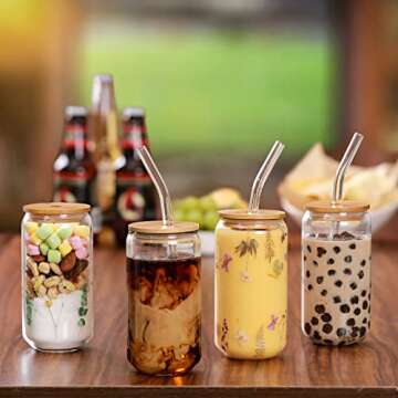 Bamboo Lid Glass Cups with Straws 16oz 4pcs Set