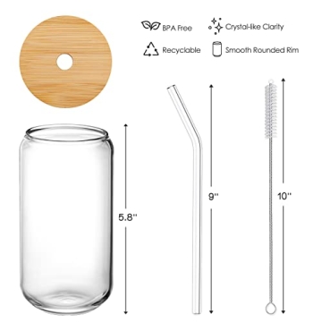 Bamboo Lid Glass Cups with Straws 16oz 4pcs Set