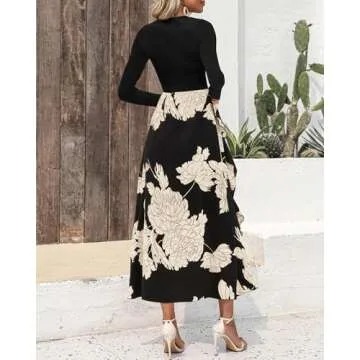 BTFBM Womens Floral Maxi Dress 2025 Spring Fall Casual Crewneck Long Sleeve Ruffle Flowy Cocktail Wedding Guest Dresses(White Floral Black, Medium)