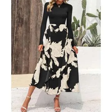 BTFBM Womens Floral Maxi Dress 2025 Spring Fall Casual Crewneck Long Sleeve Ruffle Flowy Cocktail Wedding Guest Dresses(White Floral Black, Medium)