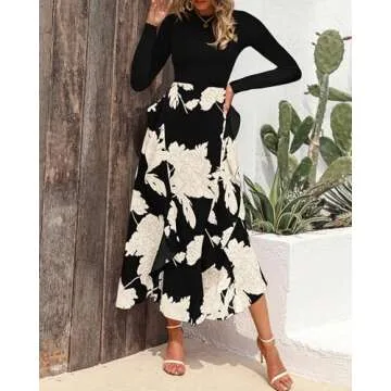BTFBM Womens Floral Maxi Dress 2025 Spring Fall Casual Crewneck Long Sleeve Ruffle Flowy Cocktail Wedding Guest Dresses(White Floral Black, Medium)