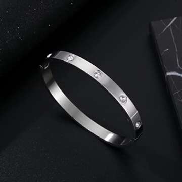 YCSLYW Women's Stainless Steel Bracelet Jewelry Crystal Bracelet With Cube Zircon Hinge Jewelry oval Bangle Christmas Valentines Birthday Gifts for Women