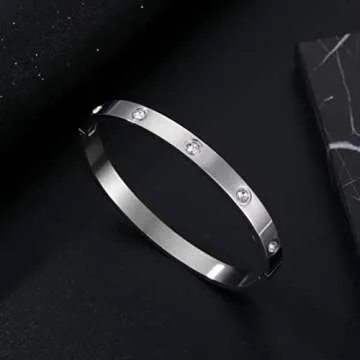 YCSLYW Women's Stainless Steel Bracelet Jewelry Crystal Bracelet With Cube Zircon Hinge Jewelry oval Bangle Christmas Valentines Birthday Gifts for Women