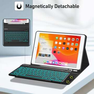 FINTIE Keyboard Case for iPad 9th / 8th / 7th Generation (2021/2020/2019) 10.2 Inch, Soft TPU Back Cover with Magnetically Detachable Bluetooth Keyboard & Pencil Holder, 7 Color Backlight, Black