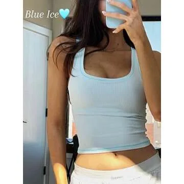 Danysu Women Cotton Rib Tank Top with Built in Bra Square Neck Crop Tank Fitted Basic Tops Blue Ice XS