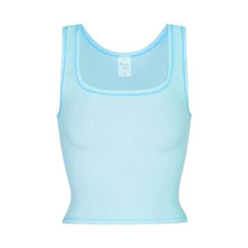 Danysu Women Cotton Rib Tank Top with Built in Bra Square Neck Crop Tank Fitted Basic Tops Blue Ice XS
