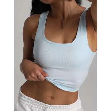 Danysu Women Cotton Rib Tank Top with Built in Bra Square Neck Crop Tank Fitted Basic Tops Blue Ice XS