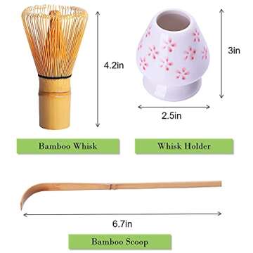 Amberr Matcha Whisk Set 3 pcs-Handmade Bamboo Whisk and Holder, Tea Scoop (Matcha Stirrer 100 Prong)- Traditional Japanese Matcha Kit, Ceramic Whisk Holder for Japanese Tea Ceremony