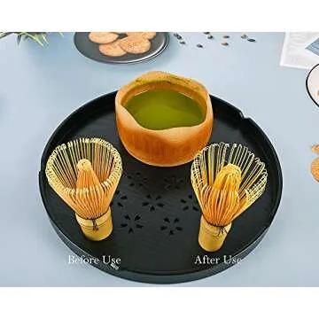 Amberr Matcha Whisk Set 3 pcs-Handmade Bamboo Whisk and Holder, Tea Scoop (Matcha Stirrer 100 Prong)- Traditional Japanese Matcha Kit, Ceramic Whisk Holder for Japanese Tea Ceremony