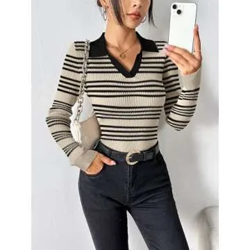 Zeagoo Womens 2024 Sweater Tops Long Sleeve V Neck Ribbed Knit Slim Fitted Casual Work Basic Shirts Beige Black Stripe M