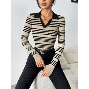 Zeagoo Womens 2024 Sweater Tops Long Sleeve V Neck Ribbed Knit Slim Fitted Casual Work Basic Shirts Beige Black Stripe M