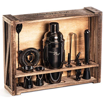 Mixology Bartender Kit: 11-Piece Bar Tool Set with Rustic Wood Stand | Perfect Home Bartending Kit a...