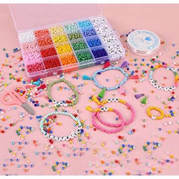 Miss Rabbit Jewelry Making Kit 4 mm Glass Seed Beads for DIY Bracelet Making Kit for Adults Crafts Alphabet Letter Beads for Friendship Bracelet Elastic String Charms Tassel